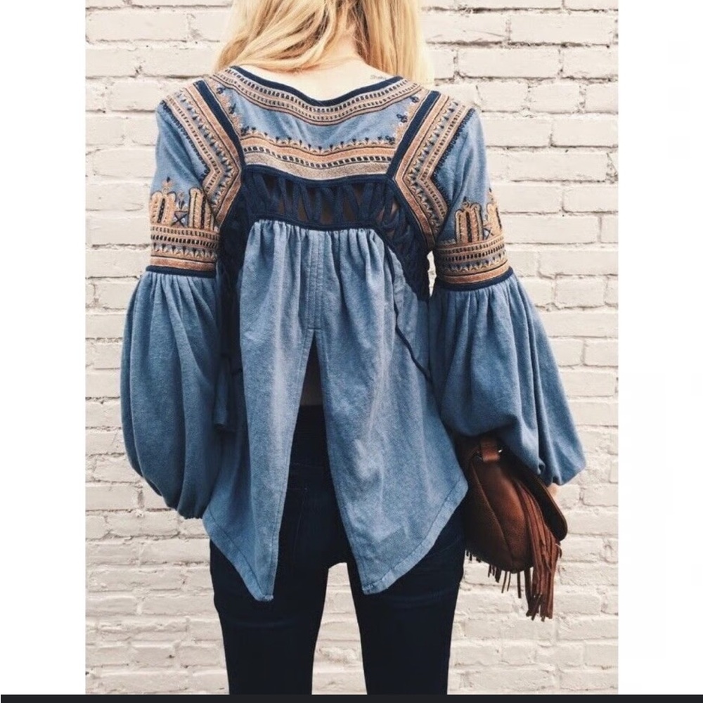 Free People Snow Kisses Embroidered Boho Blouse Blue Size small